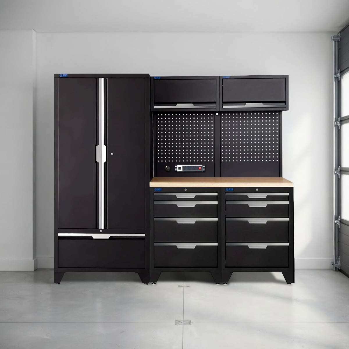 SGS 7pc Modular Garage Storage | 8 Drawers | Plywood Worktop | 2x Upper Cabinets | Tall Double Cabinet with Drawer | Pegboard with Power Strip